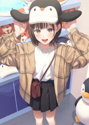 1girl animal bag black_skirt blush brown_bag brown_eyes brown_hair brown_jacket hair_behind_ear hat highres holding holding_bag jacket looking_at_viewer open_mouth original penguin_hat plaid_clothes plaid_jacket pleated_skirt ruien_(wu_jui-en) shirt short_hair skirt white_shirt
