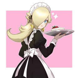 1girl absurdres alternate_costume apron black_dress blue_eyes cake closed_mouth dress earrings eyelashes food fruit hair_over_one_eye highres holding holding_tray jewelry juliet_sleeves long_hair long_sleeves looking_at_viewer maid maid_apron maid_headdress mario_(series) muis0802 nintendo outline puffy_sleeves rosalina smile solo star_(symbol) star_earrings strawberry tray white_apron white_outline