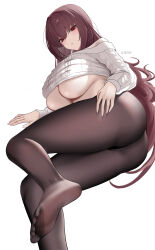 1girl absurdres ass bare_shoulders blush breasts brown_pantyhose fate/grand_order fate_(series) highres huge_breasts ilsksh legs long_hair long_sleeves looking_at_viewer lying no_bra off-shoulder_sweater off_shoulder pantyhose purple_hair red_eyes scathach_(fate) simple_background solo sweater underboob white_background white_sweater