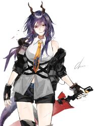 Rule 34 | 1girl, arknights, black gloves, black jacket, black shorts, blue hair, ch&#039;en (arknights), character name, commentary request, dragon girl, dragon horns, dragon tail, feiyu30903448, fingerless gloves, gloves, highres, holding, holding sword, holding weapon, horns, jacket, long hair, midriff peek, necktie, red eyes, shirt, shorts, simple background, solo, sword, tail, weapon, white background, white shirt, yellow necktie