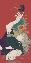 1boy absurdres arm_up black_butterfly black_shirt blue_eyes bug butterfly film_grain flower grey_hair highres insect jujutsu_kaisen lying mahito_(jujutsu_kaisen) male_focus mim_(mimya0600) on_back outstretched_arm red_background shirt smile solo spider_lily stitched_arm stitched_face stitches teeth torn_clothes torn_shirt upper_body
