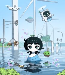 1girl 2others abstract ahoge bee black_hair blue_eyes blue_sky blush bubble bug clear_sky closed_mouth colored_skin drone eli_(chibitoad) ferret flood flower flying flying_saucer gradient_background hair_flower hair_ornament highres horizon in_water insect lamppost looking_at_viewer mountainous_horizon multiple_others original partially_submerged road_sign robot sign sky soap_bubbles spacecraft traffic_light ufo water white_skin wind_turbine windmill