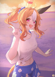 1girl ahoge alternate_hairstyle animal_ears artist_logo beach blue_scrunchie blue_shorts breasts brown_hair cloud cloudy_sky collarbone copano_rickey_(umamusume) day ear_covers ear_ornament evening fang floral_print gaze_on_me!_outfit_(umamusume) hair_between_eyes hair_ornament hair_scrunchie highres horse_ears horse_girl horse_tail index_finger_raised katuko_deluxe logo looking_at_viewer medium_breasts medium_hair midriff navel ocean open_mouth outdoors pink_eyes ponytail scrunchie shirt short_sleeves shorts sidelocks sky smile solo tail tied_shirt umamusume water white_shirt