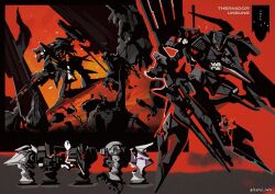 Rule 34 | armored core, armored core: for answer, asterism (armored core), battle damage, character name, full body, gachirin (armored core), gun, holding, holding gun, holding weapon, humanoid robot, kuroihato, mecha, mecha focus, no humans, opening (armored core), red eyes, robot, science fiction, shoulder cannon, split moon (armored core), standing, twitter username, unsung, weapon