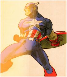 1boy american_flag american_flag_print angry belt bengus blue_bodysuit bodysuit boots capcom captain_america captain_america_(series) clenched_hand clenched_teeth flag_print game_cg gloves highres looking_to_the_side male_focus marvel marvel_vs._capcom marvel_vs._capcom_2 multicolored_armor muscular muscular_male non-web_source official_art red_boots scan shield sidelighting solo star_(symbol) superhero_costume teeth