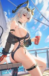 1girl absurdres alternate_costume animal_print ass bare_shoulders black_choker black_horns black_one-piece_swimsuit black_tail blue_sky breasts casual_one-piece_swimsuit chinese_commentary choker commentary_request cup curled_horns day disposable_cup drinking_straw earrings eyewear_on_head feet_out_of_frame from_side grey_hair hair_between_eyes highres holding holding_cup horns jewelry large_breasts leopard_print long_hair looking_at_viewer mole mole_under_eye one-piece_swimsuit outdoors parted_lips raidriar_18 red_eyes sideboob signature sky solo sunglasses swimsuit swimsuit_cover-up thigh_strap thighs very_long_hair wuthering_waves zani_(wuthering_waves)