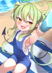 1girl :d arm_up armpits beach bikini bikini_under_clothes blue_archive blue_bikini blue_overalls blush breasts commentary demon_girl demon_tail earrings fang food green_hair green_halo halo highres holding holding_food holding_popsicle jewelry loli long_hair nozomi_(blue_archive) open_mouth outdoors overalls pointy_ears popsicle shirt sitting skin_fang small_breasts smile solo sweat swimsuit symbol-only_commentary tail twintails uneg very_long_hair watermark web_address white_shirt yellow_eyes