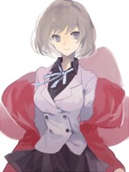 1girl black_skirt blue_ribbon breasts brown_eyes brown_hair buttons closed_mouth collared_jacket collared_shirt commentary cowboy_shot devil_survivor_(series) devil_survivor_2 double-breasted jacket lapels large_breasts long_sleeves looking_to_the_side miniskirt neck_ribbon nitta_io notched_lapels pleated_skirt purple_jacket red_shawl ribbon shawl shirt short_hair simple_background skirt skirt_set smile solo striped_ribbon unagi_(nakaelric) white_background