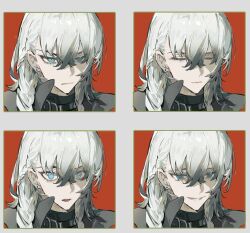 1girl blue_eyes border braid closed_eyes closed_mouth collar grey_hair hair_between_eyes long_hair looking_at_viewer male_focus multicolored_hair multiple_expressions multiple_views original portrait qyzhiaiyisheng red_eyes simple_background smile twin_braids white_hair