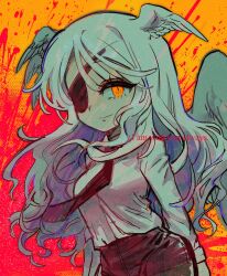 Rule 34 | 1girl, angel, blood, blood splatter, commentary, cowboy shot, english commentary, english text, eyepatch, feathered wings, green hair, green wings, head wings, highres, long hair, looking at viewer, multiple wings, necktie, orange eyes, original, satanmanse, shirt, slit pupils, solo, wind, wings, yellow background