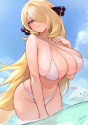 1girl absurdres artist_name bikini blonde_hair blue_sky blush breasts cleavage closed_mouth cloud collarbone cynthia_(pokemon) day gen_4_pokemon grey_eyes hair_ornament hair_over_one_eye highres large_breasts long_hair looking_at_viewer navel nintendo norza ocean outdoors pokemon pokemon_(creature) pokemon_dppt sky swimsuit togekiss wading wet white_bikini