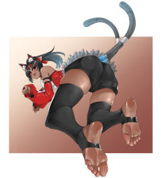 animal_ears cat_ears cat_girl cat_tail dark_skin eiji_(eiji) feet foot_focus highres multiple_tails nekomiya_mana paw_pose stirrup_legwear tail thigh_gap toeless_legwear zenless_zone_zero