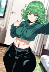 bedroom cropped_hoodie green_eyes green_hair highres hood hoodie leggings navel non-web_source one-punch_man selfie solo tatsumaki thick_thighs thighs wagoogin