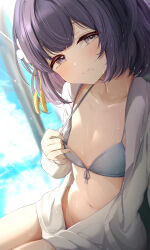 1girl absurdres bikini bikini_top_pull blue_bikini blurry blurry_background blush collarbone commentary_request front-tie_bikini_top front-tie_top gakuen_idolmaster hataya_misuzu highres idolmaster jacket kimi_to_semi_blue_(idolmaster) looking_at_viewer mole mole_under_mouth navel outdoors purple_hair short_hair sitting sky_cappuccino smile solo stomach sweat swimsuit thighs white_jacket