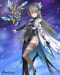 1girl :d black_dress black_sleeves black_thighhighs breasts brown_hair cleavage cleavage_cutout clothing_cutout dress earrings grimaisbestwaifu grin hair_ornament highres honkai_(series) honkai_impact_3rd jewelry large_breasts long_hair looking_at_viewer open_mouth pink_eyes single_sleeve single_thighhigh smile solo teeth thighhighs very_long_hair vita_(honkai_impact) vita_(lone_planetfarer)_(honkai_impact)