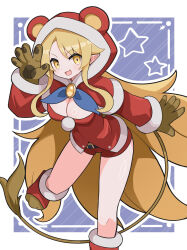 1girl :3 :d animal_ears bear_ears belt black_belt blonde_hair blue_background blush boots border breasts brown_gloves cleavage cleavage_cutout clothing_cutout commentary disgaea foot_out_of_frame fur-trimmed_jacket fur-trimmed_sleeves fur_trim gloves hand_up highres hood hood_up jacket large_breasts liezerota_(disgaea) long_hair long_sleeves looking_at_viewer open_mouth outline outside_border red_boots red_jacket red_shorts santa_costume shorts smile solo standing standing_on_one_leg suaman tail very_long_hair white_border white_outline yellow_eyes