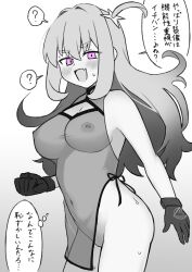 1girl ? bare_shoulders blush borrowed_character bottomless breasts check_copyright china_dress chinese_clothes cleavage cleavage_cutout clothing_cutout copyright_request dress gloves greyscale highres hizikata398 large_breasts long_hair looking_at_viewer monochrome navel nipples open_mouth original pink_eyes see-through_clothes solo translation_request