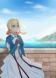 Rule 34 | 1girl, blonde hair, blue eyes, blue jacket, blue sky, bow, brick wall, brown gloves, bug, butterfly, closed mouth, cloud, commentary, cowboy shot, day, diamond cutout, dress, envelope, expressionless, eyes visible through hair, floating clothes, floating hair, gloves, hair between eyes, hair bow, hair intakes, hand on own chest, highres, holding, holding envelope, insect, island, jacket, juliet sleeves, kirina zero, layered sleeves, light frown, long dress, long sleeves, looking at animal, nape braid, ocean, outdoors, pleated dress, puffy sleeves, red bow, short hair with long locks, sky, sleeve bow, solo, standing, striped clothes, striped dress, vertical-striped clothes, vertical-striped dress, violet evergarden, violet evergarden (series), white dress, wind, yellow bow