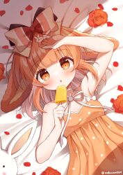 1girl animal_ears bed_sheet blunt_bangs blush bow choker commentary_request dress flower food fruit hair_bow highres holding holding_food holding_popsicle lying miuna_usako open_mouth orange_(fruit) orange_bow orange_dress orange_eyes orange_flower orange_hair orange_slice petals pixellink polka_dot polka_dot_dress popsicle rabbit_ears solo twitter_username virtual_youtuber white_choker yukinotsuki