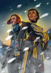 Rule 34 | 2girls, armor, back-to-back, black hair, blood, bo-katan kryze, brown eyes, dark-skinned female, dark skin, green eyes, gun, handgun, helmet, highres, holding, holding gun, holding helmet, holding weapon, mandalorian helmet, multiple girls, nosebleed, red hair, sapphicsparkles, short hair, snow, star wars, sweat, the mandalorian, unworn headwear, unworn helmet, ursa wren, weapon