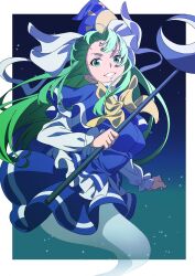 1girl blue_capelet blue_hat blue_skirt blue_vest border bow bowtie breasts capelet commentary_request ghost_tail gradient_background green_eyes green_hair grin gyouza_(mhea5724) hat hat_ribbon highres holding holding_staff long_hair long_sleeves looking_at_viewer medium_breasts mima_(touhou) night night_sky parted_bangs red_bow red_bowtie ribbon shirt simple_background skirt sky smile solo staff star_(sky) sun_print sun_symbol touhou touhou_(pc-98) very_long_hair vest white_border white_ribbon white_shirt wizard_hat