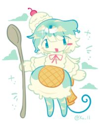 1girl animal_ears animal_feet apron blue_dress blue_eyes blue_hair blue_skin blush_stickers cherry chibi chibi_only colored_skin commentary dress english_commentary food food-themed_clothes fruit highres holding holding_spoon ice_cream long_hair looking_at_viewer low_ponytail mouse_ears mouse_girl mouse_tail original personification ponytail simple_background single_blush_sticker solitairexu solo spoon standing tail waffle_print white_background white_dress white_hair