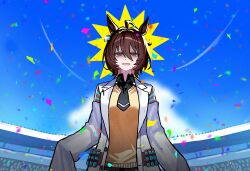 1girl agnes_tachyon_(umamusume) ahoge animal_ears black_necktie black_shirt blue_sky breasts brown_hair chemical_structure cloud coat collared_shirt earrings exit_runaway hair_between_eyes highres horse_ears horse_girl huge_ahoge jewelry lab_coat medium_breasts necktie open_clothes open_coat pen red_eyes shaded_face shirt short_hair short_necktie single_earring sky solo stadium sweat sweater test_tube umamusume white_coat yellow_sweater