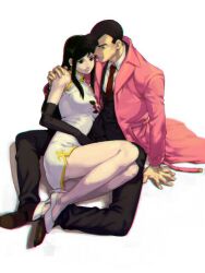 Rule 34 | 1boy, 1girl, black hair, breasts, china dress, chinese clothes, closed mouth, coat, dress, elbow gloves, full body, giant robo, ginrei (giant robo), gloves, hamu fukurou, hand on another&#039;s shoulder, long coat, long hair, murasame kenji, pink coat, short hair, simple background, skirt, white background, white dress