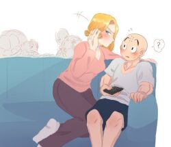1boy 1girl android_18 bald bald_male black_eyes blonde_hair blush couple dragon_ball embarrassed excited husband_and_wife kiss kuririn muscular muscular_male thick_thighs thighs
