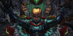 1girl armor assembling blonde_hair blue_eyes bodysuit breasts female_focus metroid nintendo power_armor power_suit power_suit_(metroid) samus_aran skin_tight solo stuarthughe varia_suit zero_suit