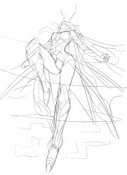 Rule 34 | 1girl, armor, armored boots, armored leotard, boots, breasts, bug, butterfly, butterfly wings, digimon, digimon (creature), female focus, flying, fur collar, gloves, gluteal fold, helmet, high heels, highres, hudiemon, insect, insect wings, jumping, leotard, medium breasts, ph6xeivbgpimggg, sketch, skirt, wings