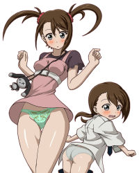 2girls :o age_comparison ass baron_(baron-eros) belt blue_eyes blush bow bow_panties breasts brown_hair dress green_panties hair_between_eyes hair_ornament hair_scrunchie highres loli long_hair looking_back looking_down multiple_girls necktie open_mouth panties pantyshot ponytail purple_shirt robotics;notes scrunchie shirt simple_background small_breasts steins;gate surprised tennouji_nae thigh_gap twintails underwear upskirt white_background white_panties white_shirt