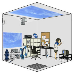 1girl akg barefoot black_hair chair cloud computer computer_keyboard diving_mask female_focus fire_hydrant flippers game_console goggles headphones innertube laptop oil-paper_umbrella original playstation_2 printer projector raglan_sleeves ruri_(uewtsol) short_hair sky solo swim_ring television trash_can uewtsol umbrella