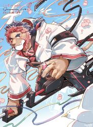 1boy animal_ears beak bird blue_sky braid character_name closed_mouth coin commentary_request copyright_name diffraction_spikes fangs fangs_out furry furry_male gnomon_(live_a_hero) highres holding holding_coin holding_staff lion_boy lion_ears lion_mane lion_tail live_a_hero male_focus multicolored_hair pawpads red_eyes sawch_cls sky staff tail whiskers