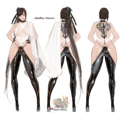 Rule 34 | 1girl, artist logo, ass, black hair, blunt bangs, breasts, clothing request, commentary, copyright name, english commentary, eve (stellar blade), hair ornament, hands on own hips, highres, hu dako, logo, long hair, mechanical spine, multiple views, patreon username, ponytail, see-through clothes, short hair, stellar blade, very long hair, white background