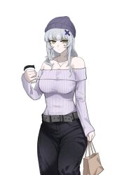 1girl alternate_costume bag beanie belt black_pants breasts casual closed_mouth collarbone commentary commentary_request cowboy_shot cup disposable_cup doya_(qkrdbseh1205) english_commentary girls&#039;_frontline girls&#039;_frontline_2:_exilium grey_belt hat highres hk416_(girls&#039;_frontline) holding holding_cup jewelry klukai_(girls&#039;_frontline_2) korean_commentary large_breasts looking_at_viewer mixed-language_commentary necklace off-shoulder_sweater off_shoulder pants paper_bag purple_hat simple_background solo sweater tattoo teardrop_facial_mark teardrop_tattoo vertical-striped_sweater white_background yellow_eyes