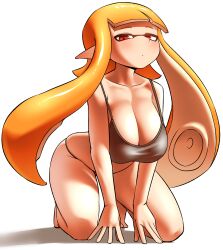 1girl arched_back barefoot black_bra black_panties blush bra breasts cleavage collarbone feet female_focus full_body half-closed_eyes highres inkling inkling_girl inkling_player_character large_breasts leaning_forward long_hair looking_at_viewer nintendo orange_hair panties pero_(pero7762) pointy_ears red_eyes shadow simple_background solo splatoon_(series) suction_cups tentacle_hair underwear white_background