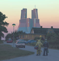 Rule 34 | 6+boys, animal ears, architecture, audi, bag, black hair, brown hair, building, car, company logo, cosplay, gen 1 pokemon, grass, hat, highres, hood, house, jacket, lamppost, long sleeves, motor vehicle, multiple boys, nintendo, outdoors, pants, pikachu, pikachu (cosplay), pikachu ears, pikachu hood, pikachu tail, pokemon, pokemon tail, road, science fiction, shirt, shoes, simon stalenhag, sky, standing, subaru (brand), subaru impreza, swedish machines, tail, tree, vehicle request, walking, window