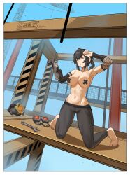 1girl arepko arm_up armpits asymmetrical_sleeves black_hair black_pants blue_background border breasts brown_eyes chinese_commentary commentary_request construction_site cross cross_pasties gloves goggles grace_howard grey_gloves highres holding holding_tablet_pc kneeling large_breasts navel no_shoes open_mouth pants pasties single_glove solo stomach tablet_pc topless_female unworn_goggles white_border wrench zenless_zone_zero