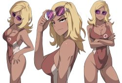 Rule 34 | 1girl, bare arms, bare shoulders, blonde hair, breasts, contrapposto, cowboy shot, cross, crossed arms, eyewear lift, unworn eyewear, facing viewer, half-closed eyes, highres, holding, holding removed eyewear, jourd4n, kick buttowski, lifeguard, long hair, looking at viewer, medium breasts, one-piece swimsuit, pink-tinted eyewear, purple-tinted eyewear, red cross, red one-piece swimsuit, shannon (kick buttowski), simple background, solo, standing, sunglasses, swimsuit, tan, tinted eyewear, upper body, white background