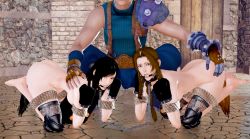 1boy 2girls 3d aerith_gainsborough ball_gag barefoot bdsm bdsm_latex bitchsuit black_hair bondage bondage_mittens bound breasts brown_hair chain clothed_male_nude_female cloud_strife collar final_fantasy final_fantasy_vii gag hanging_breasts highres indoors looking_at_viewer medium_breasts multiple_girls nude pet_play piddlefours rope squatting stone_floor stone_wall tifa_lockhart wall