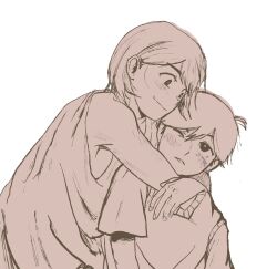 Rule 34 | 2boys, antenna hair, blacklightbulp, blush, bright pupils, closed mouth, collared shirt, greyscale, highres, hug, hug from behind, kel (faraway) (omori), kel (omori), looking at another, male focus, monochrome, multiple boys, omori, one eye closed, parted lips, shirt, short hair, short sleeves, simple background, smile, sunny (omori), sweater vest, unfinished