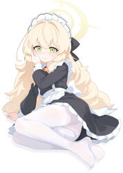 1girl absurdres alternate_costume apron back_bow black_dress blonde_hair blue_archive bow closed_mouth commentary dress enmaided food_print frilled_dress frills fruit_print green_eyes halo highres jiuchong_ying_fengxue long_hair long_sleeves looking_at_viewer lying maid maid_headdress no_shoes on_side panties panties_under_pantyhose pantyhose print_panties professor_niyaniya_(blue_archive) puffy_long_sleeves puffy_sleeves short_dress simple_background solo strawberry_print tearing_up thighband_pantyhose underwear wavy_hair white_background white_bow white_pantyhose yellow_halo