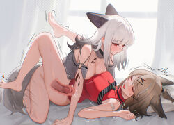 2girls absurdres animal_ears arknights breasts brown_hair c113oreo censored commentary commission cutter_(arknights) frostleaf_(arknights) futa_with_female futanari gradient_hair grey_hair grey_shirt hair_ornament highres looking_at_another lying material_growth medium_breasts missionary mosaic_censoring motion_lines multicolored_hair multiple_girls nipples on_back oripathy_lesion_(arknights) penis red_eyes red_shirt sex shirt short_hair sweat thighs white_hair x-ray x_hair_ornament