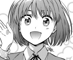 1girl artist_name blazer bob_cut cardigan close-up collared_shirt cropped_torso dress_shirt greyscale hair_between_eyes hand_up jacket kushieda_minori light_blush looking_at_viewer medium_hair monochrome neck_ribbon oohashi_high_school_uniform open_mouth portrait ribbon school_uniform shirt simple_background smile solo toradora! zekkyou_(h9s9)