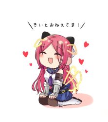 1girl :3 :d ^_^ afterimage animal_ears arm_behind_back assault_lily bare_shoulders belt belt_buckle black_belt black_shirt blue_sailor_collar blue_skirt blush boots brown_pantyhose buckle chibi closed_eyes commentary crop_top detached_sleeves dog_ears dog_tail drawn_ears drawn_tail full_body hairpods hands_on_own_knees heart knee_boots layered_sleeves long_hair long_sleeves miniskirt neckerchief nigari_(ngari_0115) odaiba_girls_high_school_uniform open_mouth pantyhose parted_bangs pleated_skirt purple_neckerchief red_hair sailor_collar school_uniform seiza serafuku shiba_tomoshibi shirt simple_background sitting skirt sleeveless sleeveless_shirt sleeves_past_wrists smile solo symbol-only_commentary tail tail_wagging translated undershirt very_long_hair white_background white_boots white_shirt