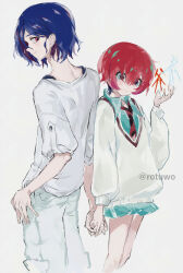 1boy 1girl amate_yuzuriha aqua_eyes back-to-back blue_hair blush collared_shirt colored_inner_hair feet_out_of_frame gundam gundam_gquuuuuux highres holding_hands long_sleeves looking_back multicolored_hair necktie pants purple_hair red_eyes red_hair rotuwo1 school_uniform shirt short_hair shuji_ito simple_background skirt smile sweater two-tone_hair white_background white_shirt