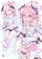 Rule 34 | ..., 0202ase, 1girl, 1other, absurdres, alternate costume, black skirt, black wings, blue archive, blush, cake, closed mouth, commentary request, feathered wings, feet, food, food on face, fork, halo, head wings, highres, holding, holding fork, koharu (blue archive), long hair, long sleeves, looking at viewer, loose socks, low wings, mini wings, miniskirt, multiple views, off shoulder, open mouth, pink eyes, pink hair, pink halo, skirt, socks, soles, strawberry shortcake, sweater, toes, twintails, white socks, white sweater, wings