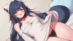 1girl animal_ear_headwear bare_shoulders bell black_hair black_panties blunt_bangs bow bow_panties breasts character_request clothes_lift collar commission copyright_request fake_animal_ears gem groin hair_bell hair_ornament hair_ribbon highres long_hair looking_at_viewer medium_breasts panties pillow red_collar red_eyes red_ribbon ribbon salty_gana sidelocks sitting solo sparkle sweater sweater_lift tail thighs tongue tongue_out underwear white_sweater