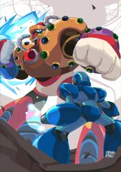 2boys absurdres arm_cannon armor battle blue_armor blue_helmet clenched_hands from_behind helmet highres male_focus mandrill_(animal) mega_man_(series) mega_man_x1 mega_man_x_(series) multiple_boys non-humanoid_robot robot robot_animal saturnserkel spark_man weapon x_(mega_man)